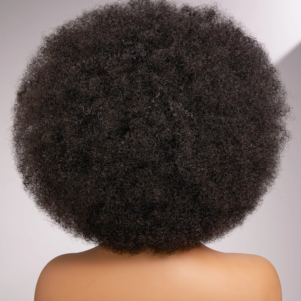 Fluffy Afro Kinky Curly Human Hair Wig With Thick Bang 70s Natural Short Bob Wigs For Black Women 180% Density Full Machine Hair