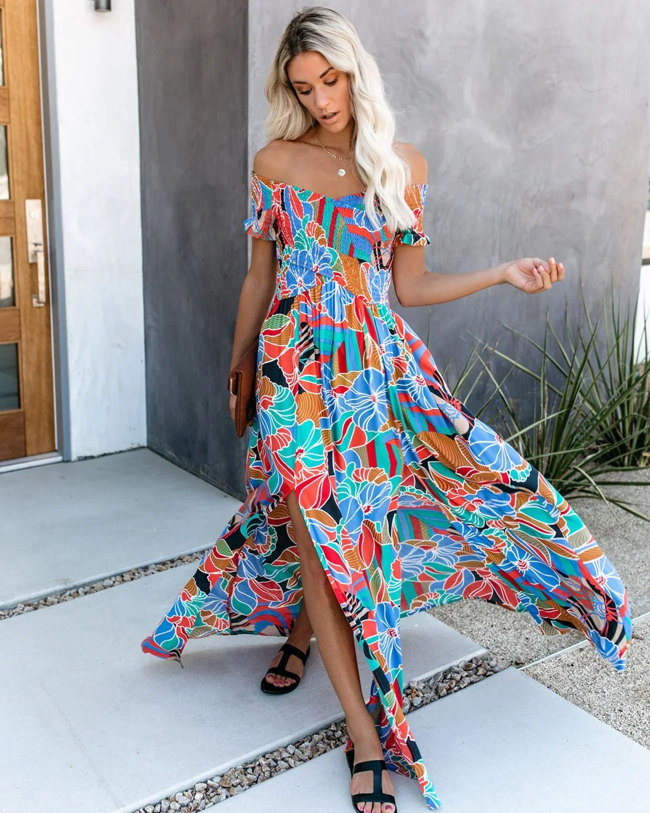 

Women's Long Maxi Dress New Bohemian Floor Length Dress Printing Holiday Dress Slash Neck Elegant Split Hippie Maxi Dresses