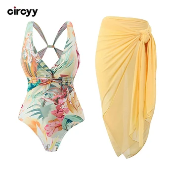 Circyy One Piece Swimsuit Women Backless Hollow Out Bathing Suit Print Vintage Cover-Ups Wrap Skirt Summer 2025 New Bikini Set