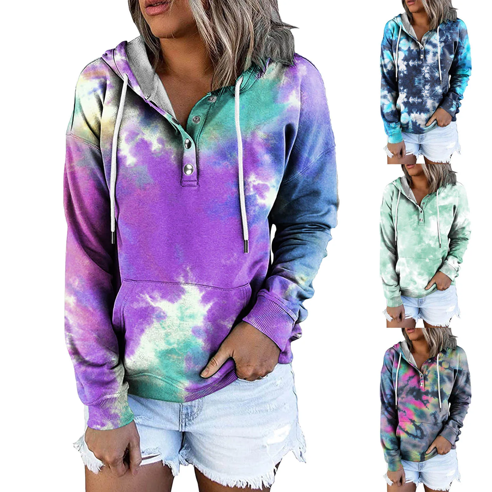

Punk streetwear Outfits Jogging Women's Fashion Sweatshirts Drawstring Button Pocket Shirt Casual Long Sleeve Tie-dye