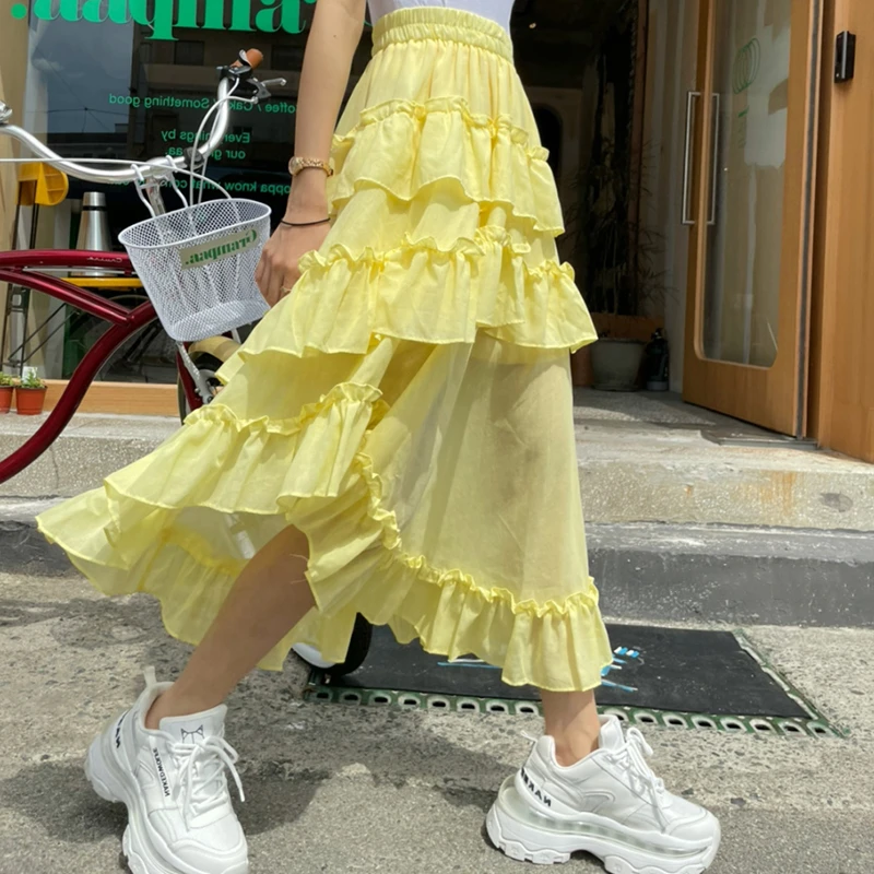 

Korean Fashion Summer High Waist Asymmetrical Folds Ruffle Women A-line Midi Long Skirts Lolita Patchwork Cake Skirt Female New