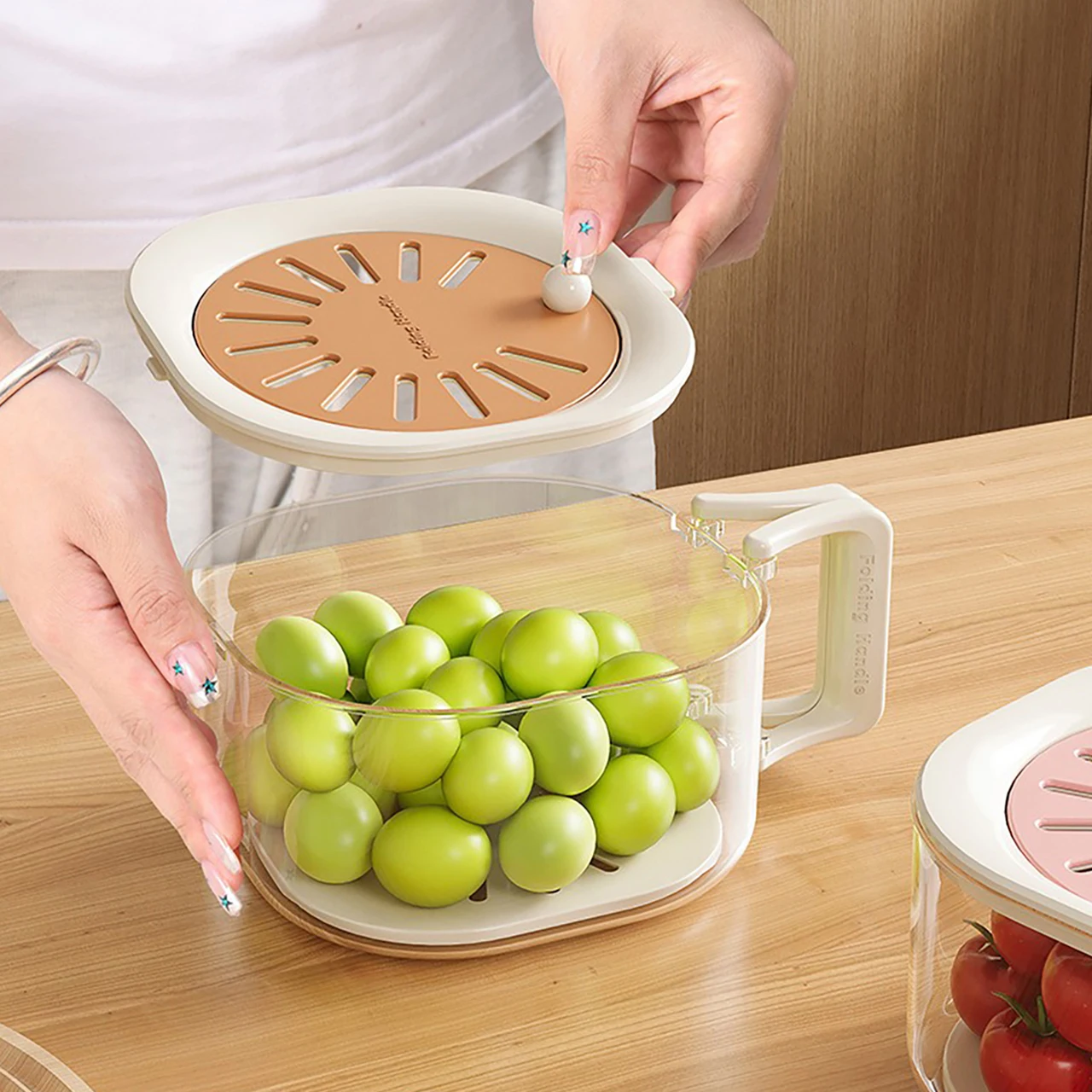 Double Layer Drain Basket with Lid Plastic Fruit Vegetable Strainer with Telescopic Handle Kitchen Drying Colander