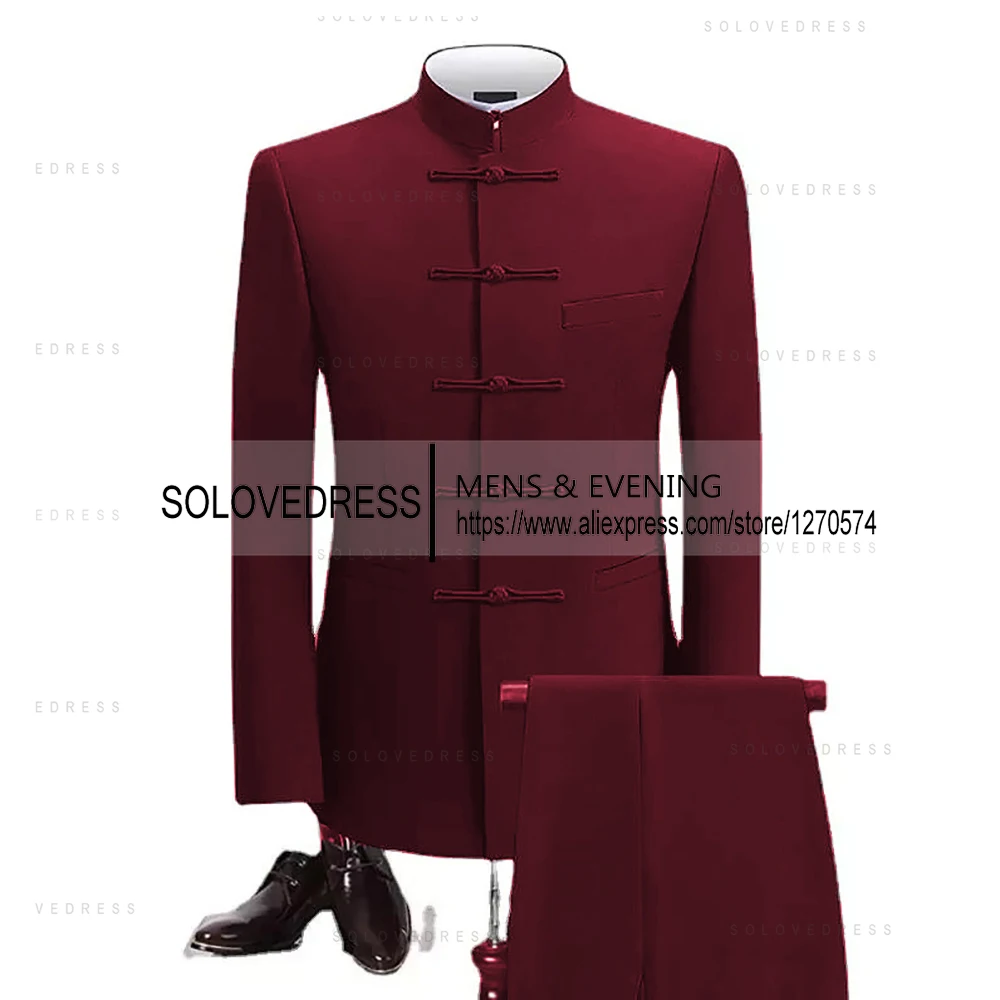 2 Pieces Men's  Zhongshan  Collar Chinese Tunic Suit Formal Suits Single Breasted  Groomsmen Wedding Tailored Fit (Blazer+Pants) 5