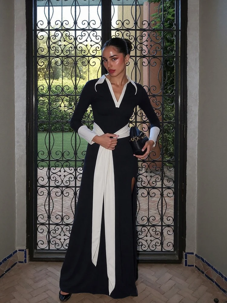 Nibber Polo Collar Maxi Dress Women Bandage Long Tassels Patchwork Long Sleeve Skinny Office Elegant Hipster Banquet Vestidos