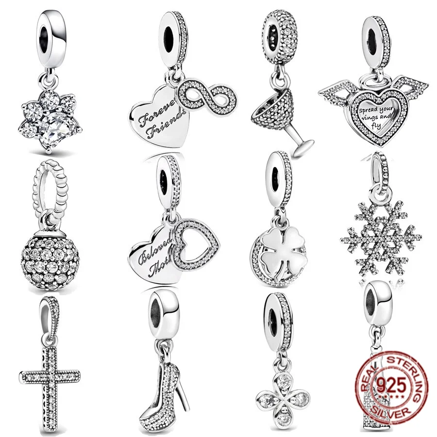 

Silver 925 Sparkling Love Wine Bottle High Heel Cross Pet Paw Print Pendant Charm Bead Fit Original Pandora Bracelet DIY Jewelry