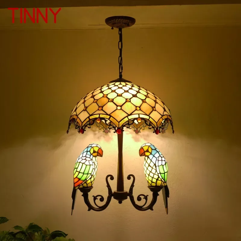 

TINNY Tiffany Parrot Chandelier Vintage Creative Color Glass Living Room restaurant Bedroom Hotel Corridor Pendant Lamp
