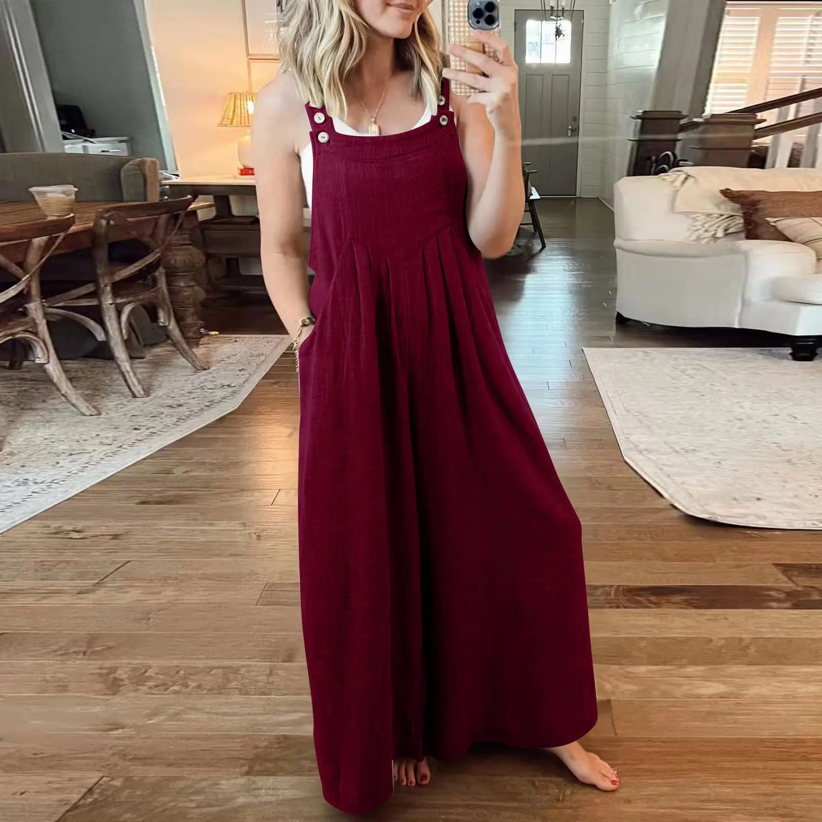 Casual Loose Jumpsuit Women Summer Solid Cotton Linen Straps Wide Leg Pants Dungaree Bib Overalls Sleeveless Oversized Jumpsuits