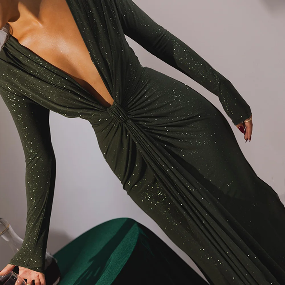 Elegant Long Sleeve Elastic Tight Party Evening Dress For Women Sexy Deep V-Fold Lace Vestido Autumn/Winter New 2025