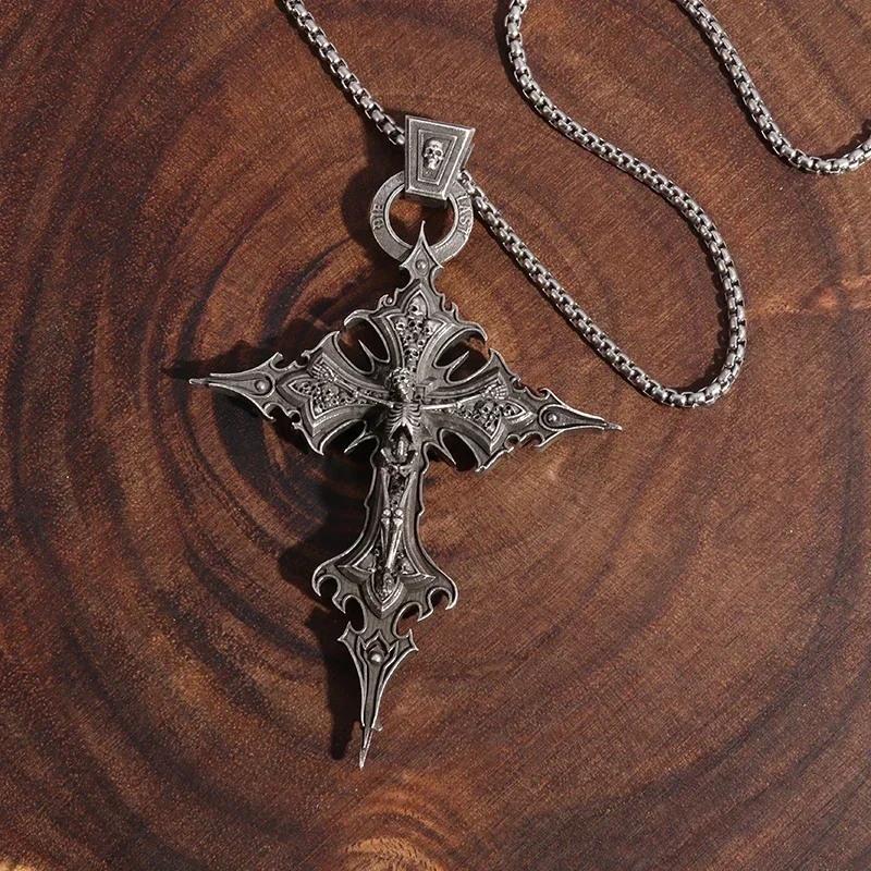 Collana Con Ciondolo Croce E Teschi – Acciaio Inossidabile, Stile Gotico Punk, Unisex, 38x13 Mm - 4