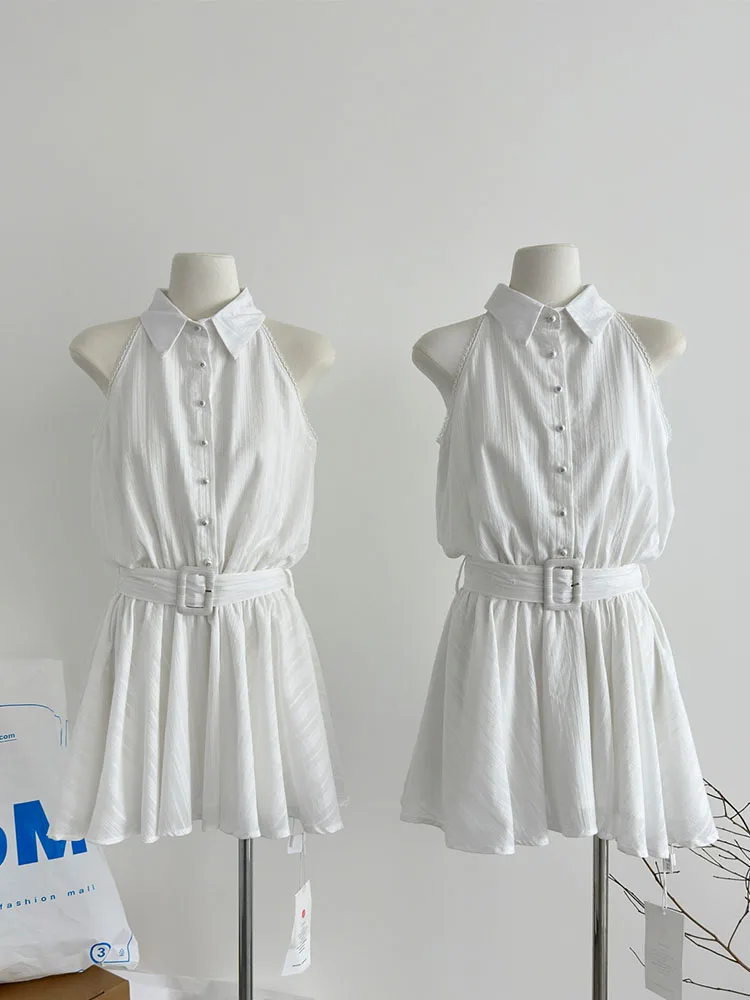 

Korean Fashion Polo Sashes Single Breasted Pleated Dress Women Sexy Sleeveless Off Shoulder Shirt Dress Summer One-Piece Frocks