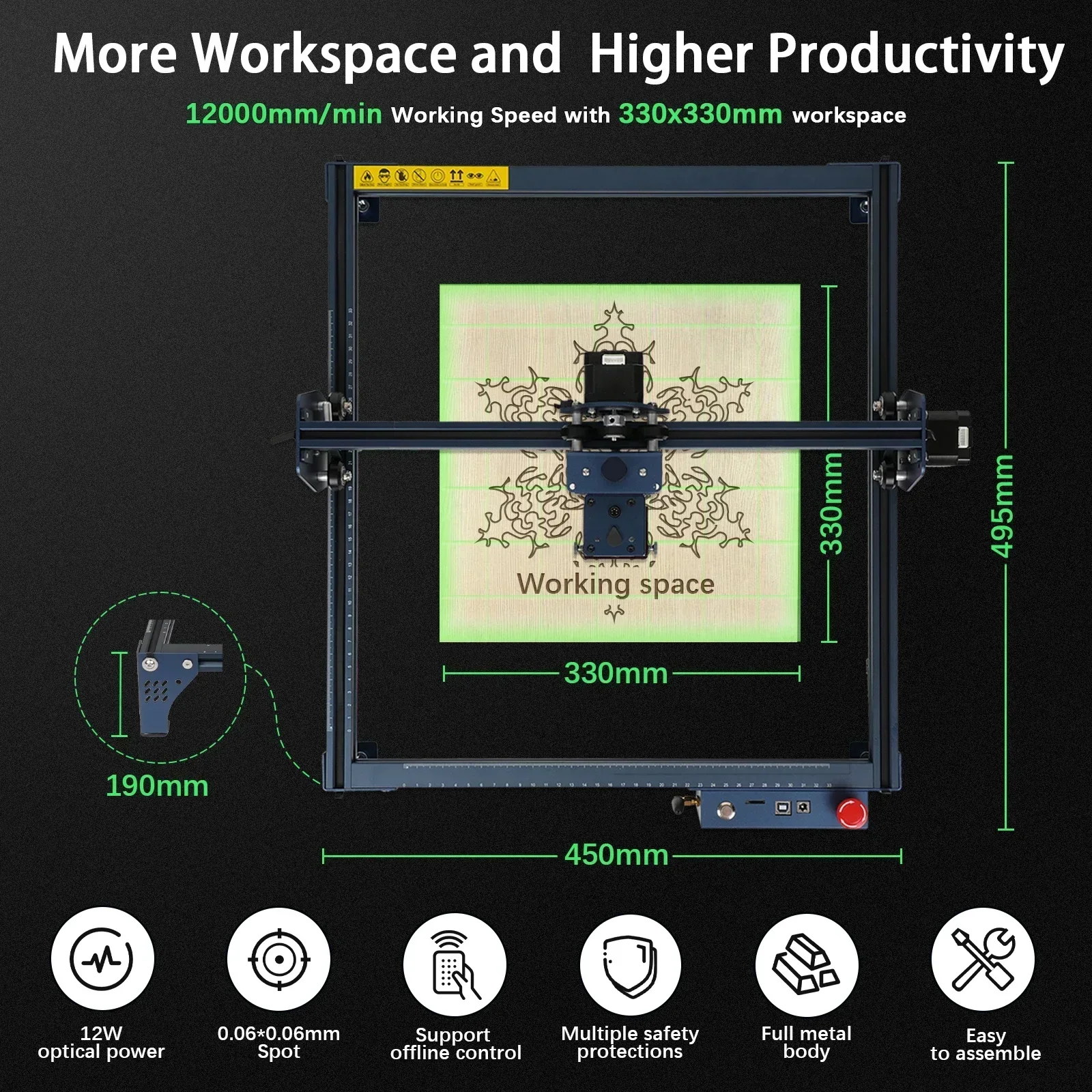 12W Laser Engraver Machine with GRBL APP Offline Control for Wood Engraving and Cutting