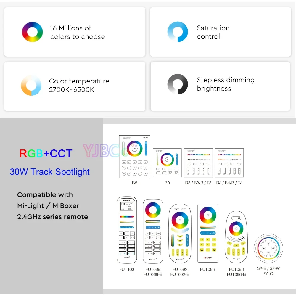 Miboxer RF 리모컨 LED 트랙 라이트, 듀얼 화이트 CCT 스포트라이트, 밝기 조절 가능, 천장 AC 110V 220V, 2.4G, 30W RGBCCT
