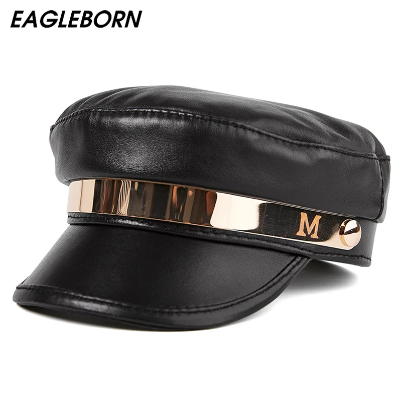 Lambskin Ladies Military Caps Leather Fashion Hats Ladies Trend Leather Caps Navy Caps Women