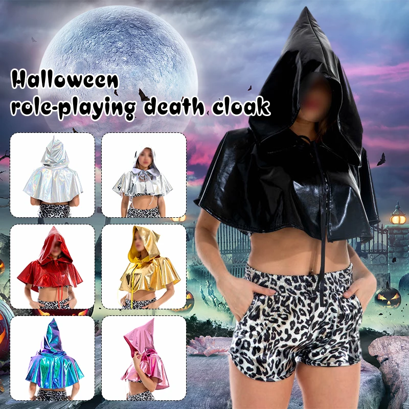 

Halloween Costume Cosplay Metallic Death Cape Short Hooded Shiny PU Leather Holographic Cape Rave Festival Cloak Hat Unisex