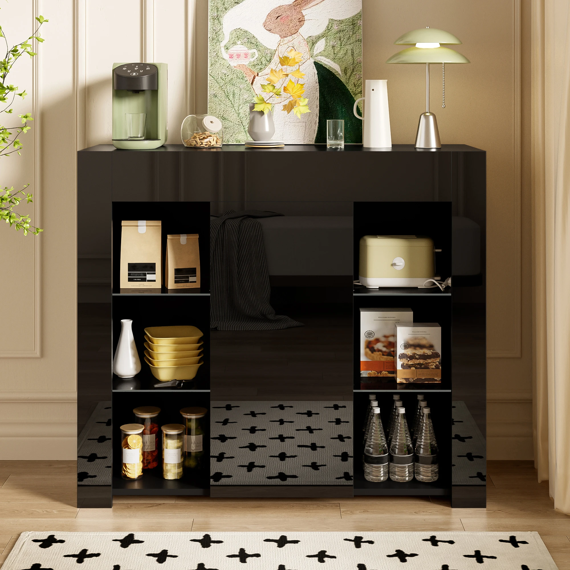 Modernes schwarzes Buffet mit Hochglanzfront – Kompakte, stilvolle Aufbewahrungslösung mit Glasböden und Schranktür für das Wohnzimmer – Detail 9