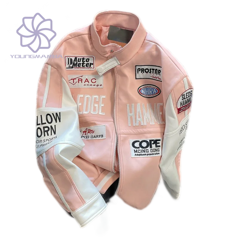 

Pink Chic Pu Leather Coats Women Long Sleeve Zipper Loose Baseball Jacket 2023 Winter Women's High Street Outerwear