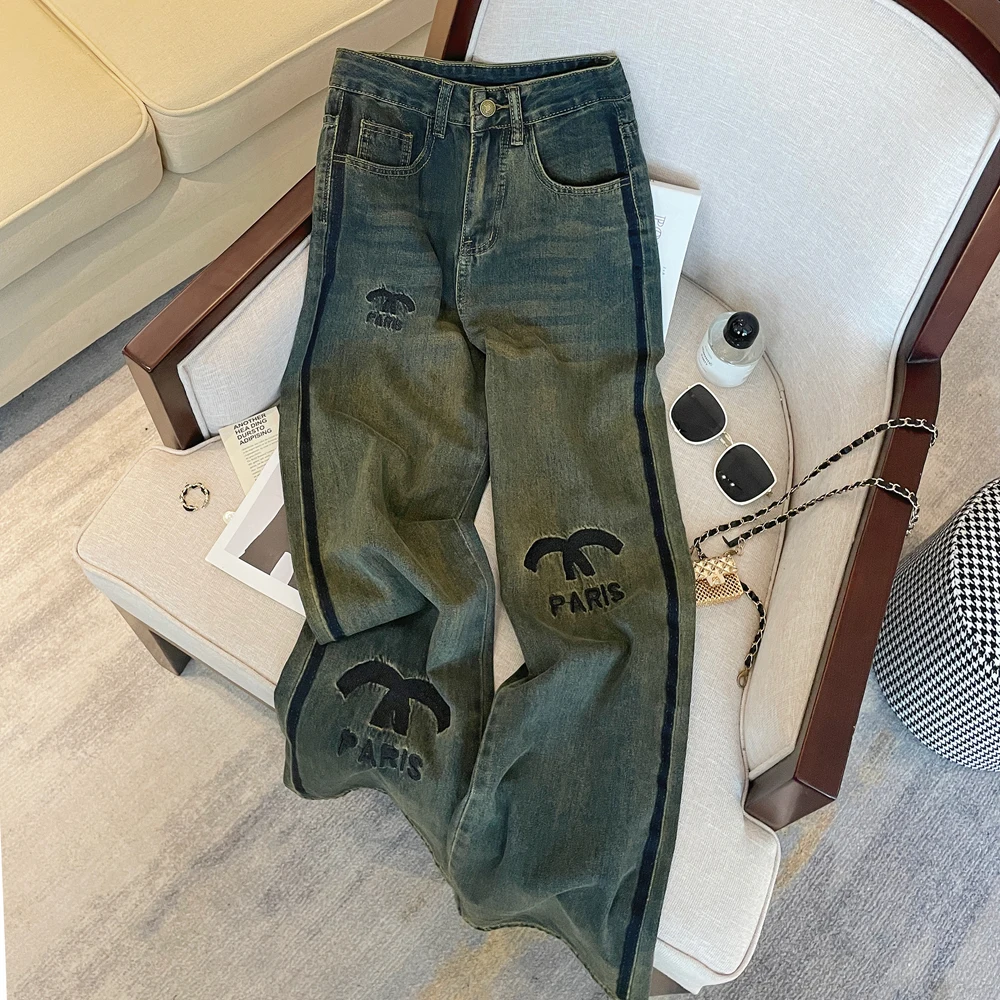 

Loose Wide Leg Denim Pants for Women, Colored Small Fragrant, Letter Embroidery, High Waist, Straight Tube, Spring and Autumn