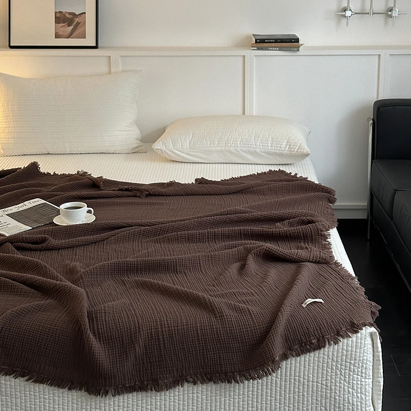 New Blanket 100% Cotton Sofa Towel Tassels Blankets Linen Solid Color Shawl Manta Plaid Blankets Four Layer Gauze Fringe Blanket - 5