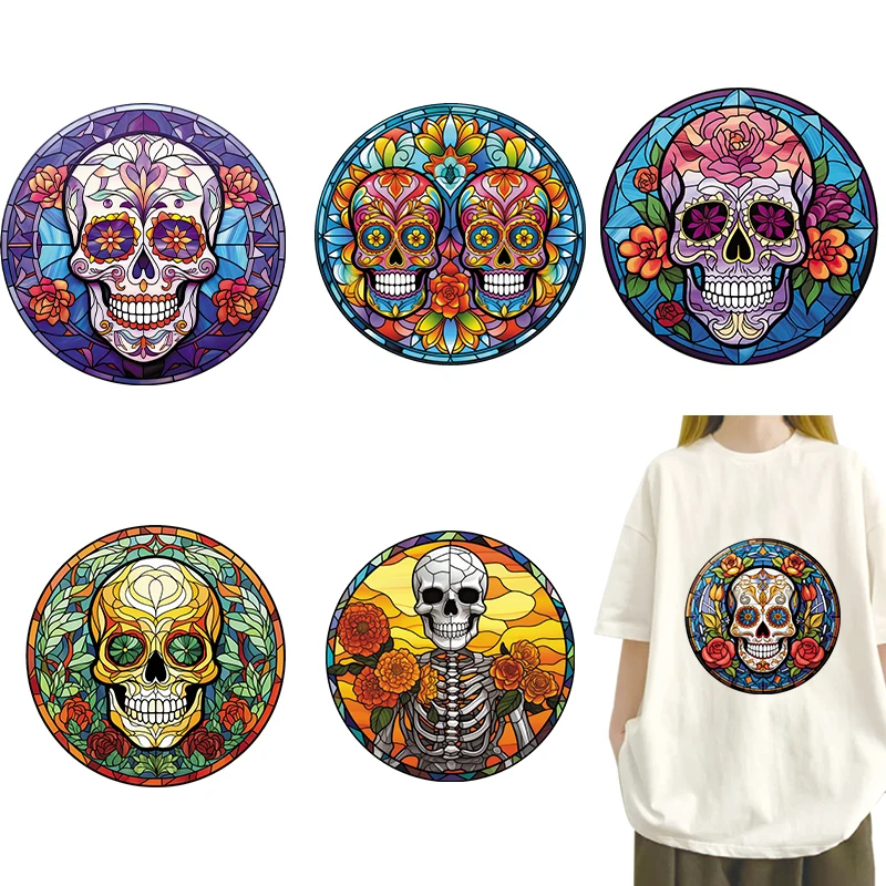 

4pcs Mexican Day of the Dead DTF Thermo Sticker Decals Heat Transfer On Clothes Iron On Patch For Hoodies Press Printing