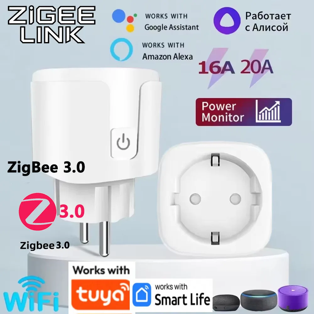 WIFI/Zigbee Smart Plug EU Socket with Power Monitoring & Voice Control