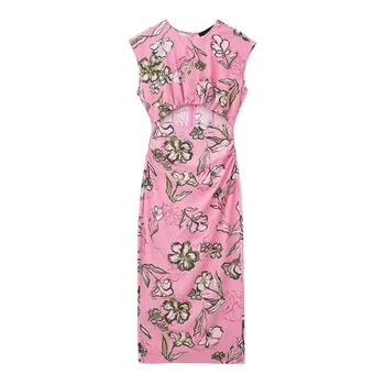 Tangada 2024 Summer New Women Flower Cotton Linen Dress Cut-out Female Midi Dress 3H0228 - Image 1