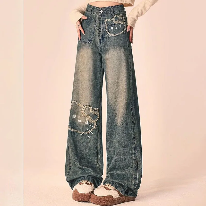 

High Street Vintage Embroidered Pic Wide Leg Jeans Women's Summer New High Waist Loose Elegant Student Straight Denim Trousers