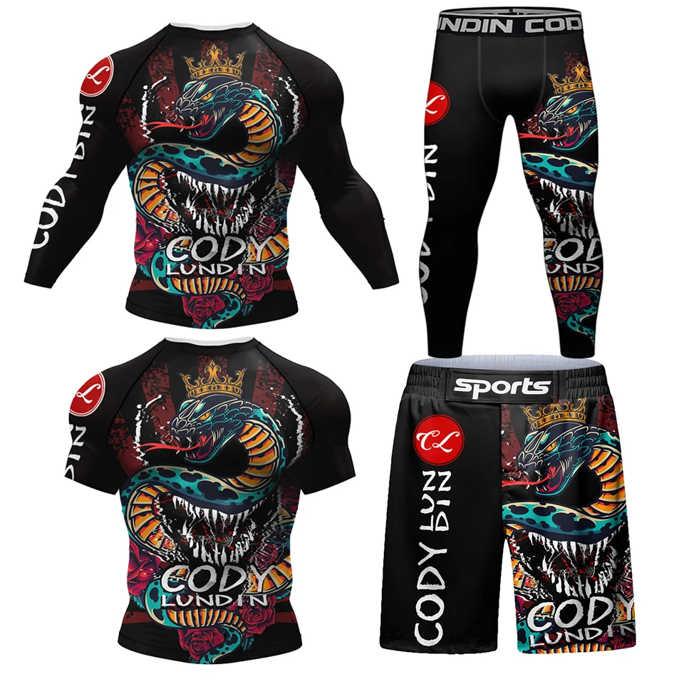 Sports apparel Mens T-shirt + Pant Set Muay Thai Shorts Suit Bjj Rashguard For Men Adults Gym Competition Sport Training Combat Wear