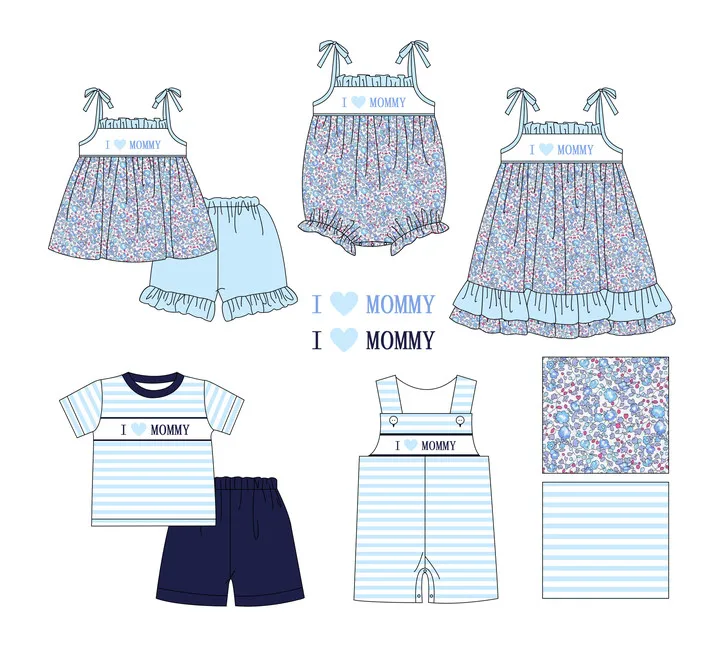 

Baby New Kids Cotton Shivering T-shirt Set Round Neck I Love Mom Embroidery Girl Top Clothes And Blue Shorts Decorate Suit