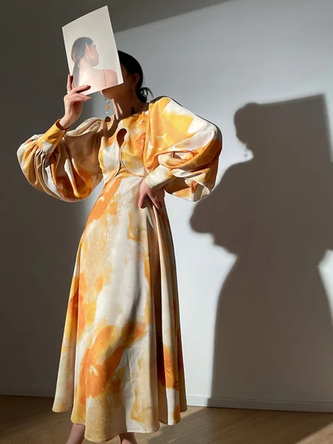 IEQJ Hollow Out Elegant Dresses For Women 2022 Summer New Print Design Full Sleeve Casual Midi Dress Female Clothing 3W3746 3