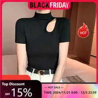 Turtleneck Pullover Black Short Sleeve Slim T Shirt Women Knitted Threaded Hollow Design Top.jpg