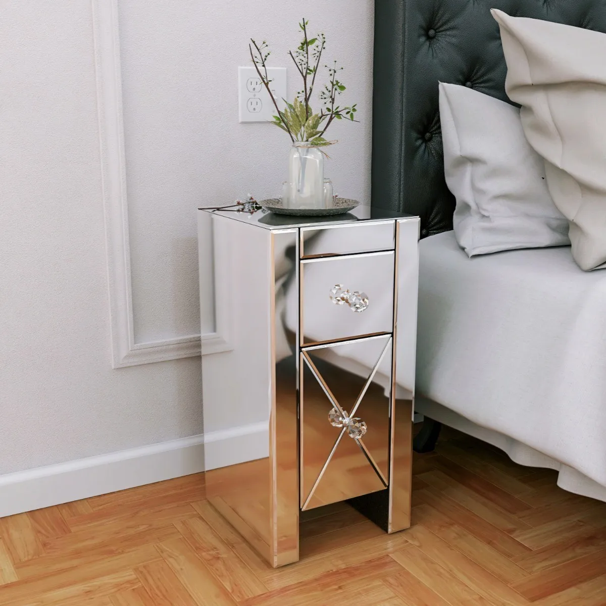 

1 Big 1 Small 2-Drawer Mirrored Bedside Table 30x30x60CM Nightstand MDF&Glass Bedside Cabinet Silver[US-W]