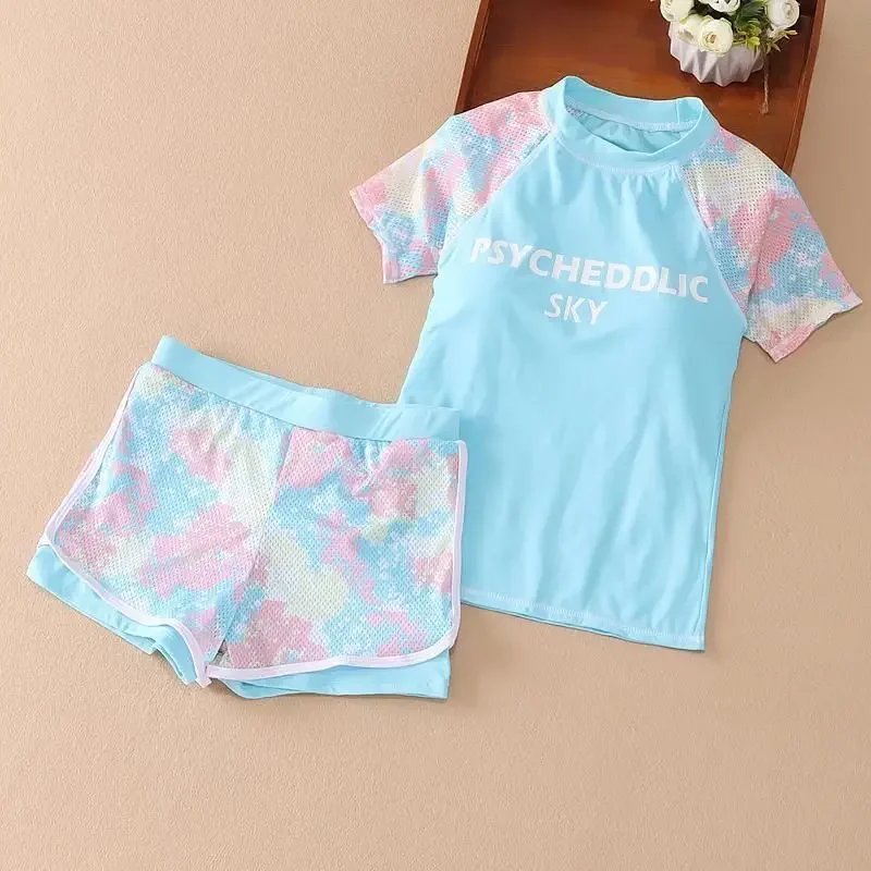 

2Pcs Swimsuit Stand Collar Short Sleeves Summer Kid Girls Front Swimming Dress with Shorts Bikini Pool Beach Suit Dropship