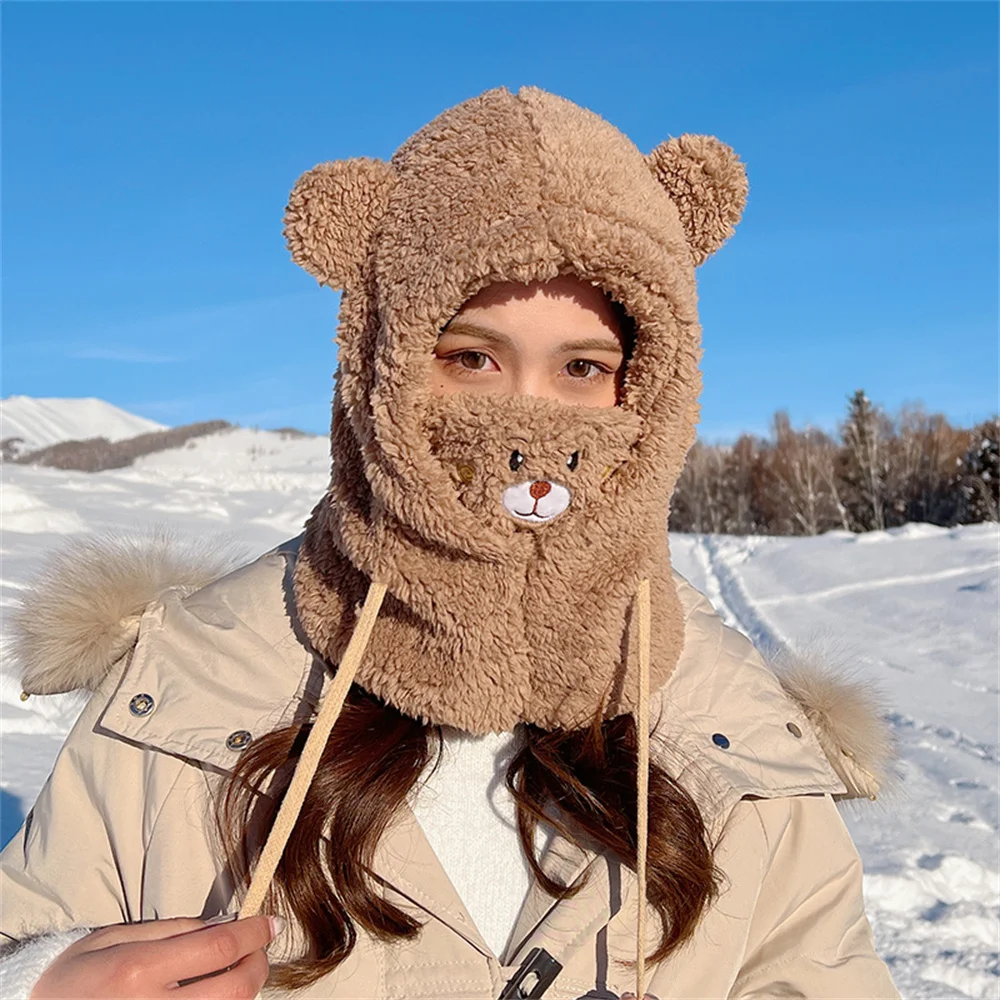 Cute Cartoon Bear Ear Lamb Beanie Hat With Mask Warm Balaclava Winter