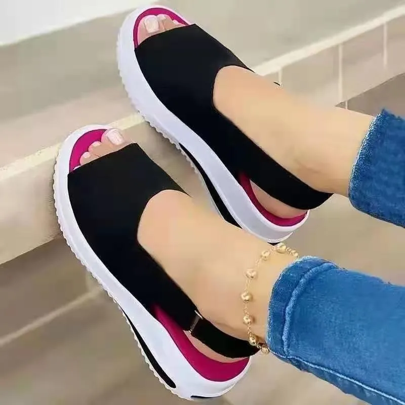 Women's Simple Retro Soft Leather Large Size Comfortable Fish Mouth High Heels Hollow Breathable Platform Slippers Women