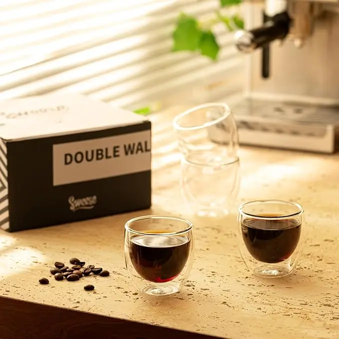 Espresso tasse 6er-Set, doppelwandige Espresso tasse aus Glas mit 6 Unzen, isolierte Espresso tasse für Espresso zubehör, Tran – Detail 10