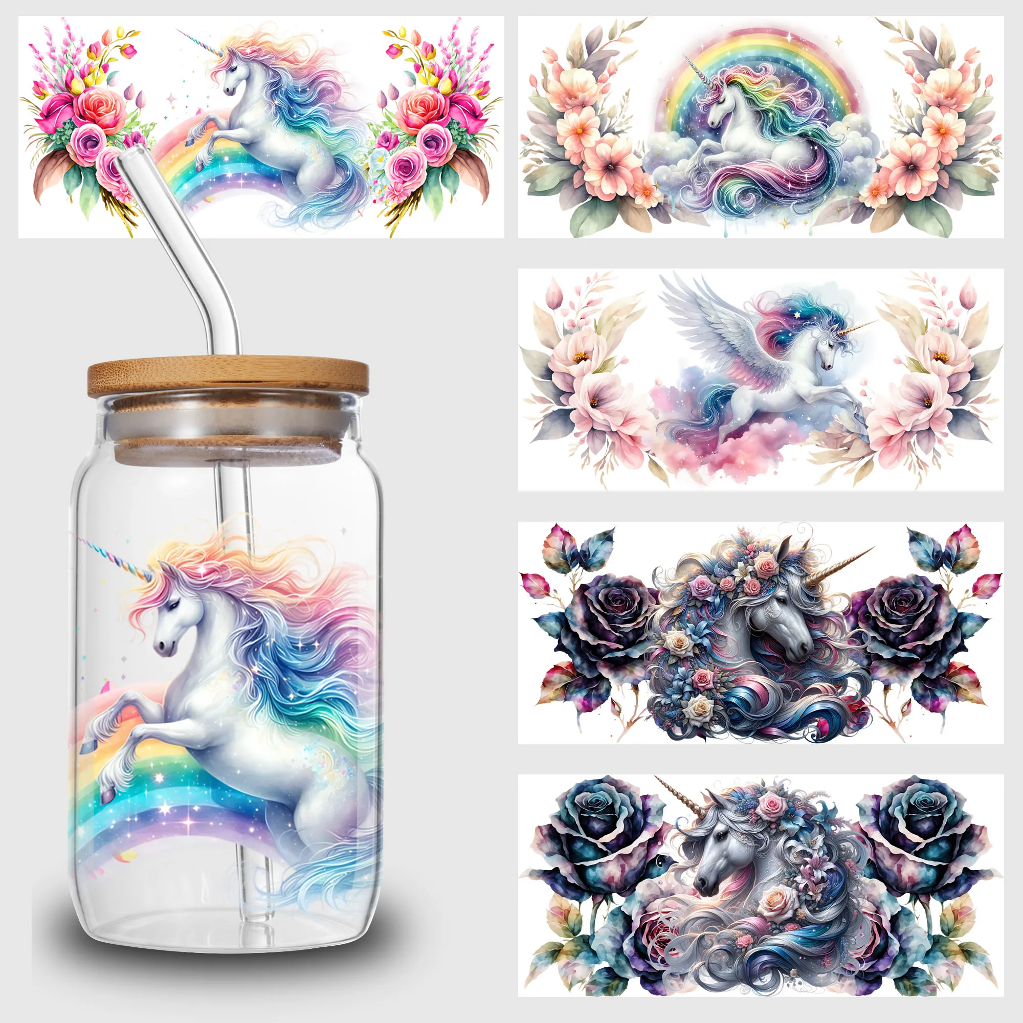 5 Sheets Unicorn UV DTF Cup Stickers, DTF Transfer Stickers, Beautiful Unicorn Waterproof Wipe-Off Transfer Paper for 16oz cup