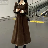 Chic Vintage Autumn Winter Dress Slimming Concealing Color Block Waist Cinching Maxi Dress for plus Size Women