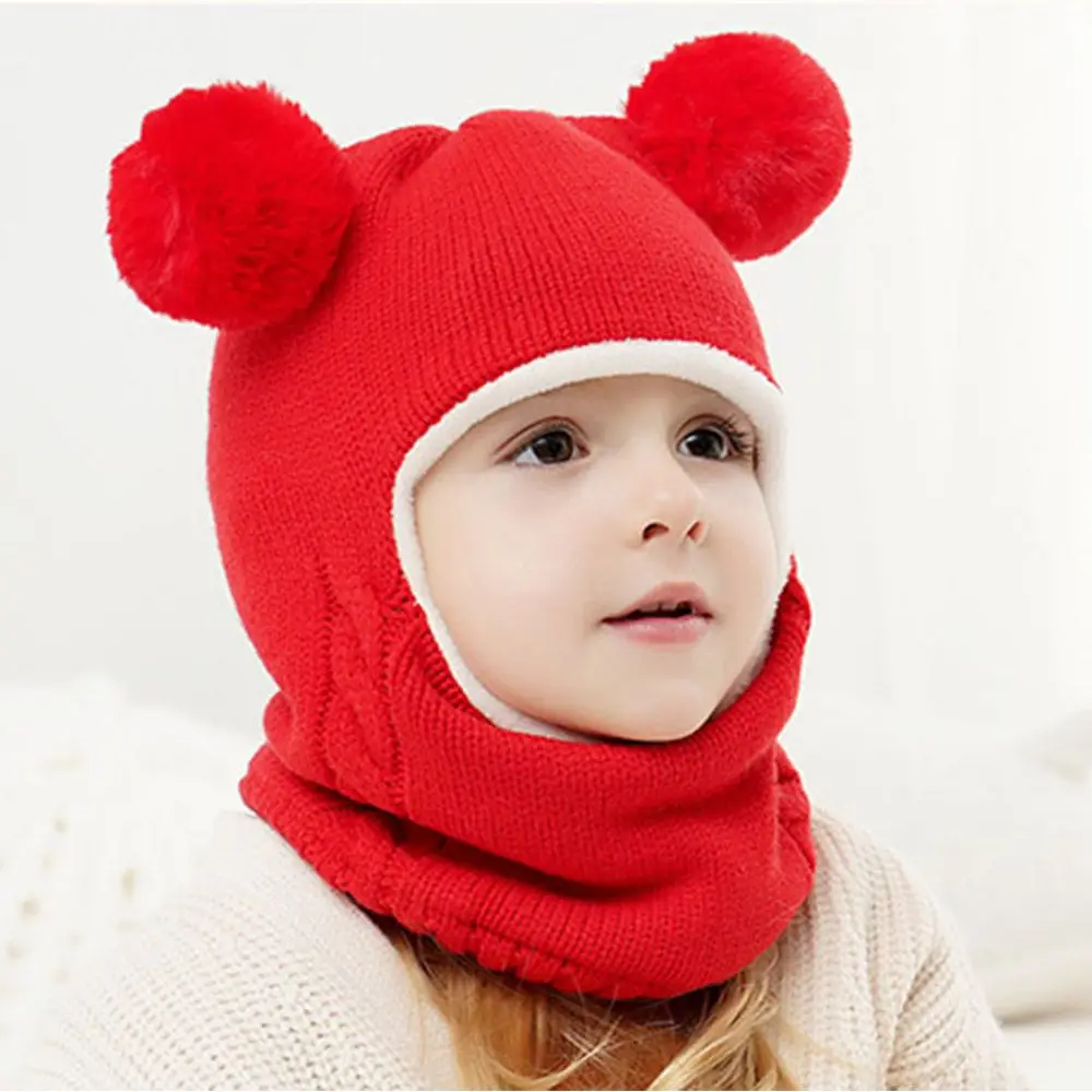 

Cute Winter Baby Beanies Hat Pompom Soft Children Hats Windproof Knitted Cap Scarf For Girls Boys Warm Fleece Lining Earflap Cap