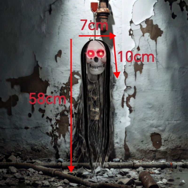 Halloween Hanging Ghost Decor with Glowing Eyes - Long Hair Skeleton Scary Prop for Haunted House & Bar Party Decoration
