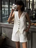 HH Women Elegant Solid Waistcoat Pant Sets Single Breasted V Neck Vest Top + High Waist Slim Shorts Lady Office Wear Suits - Image 2