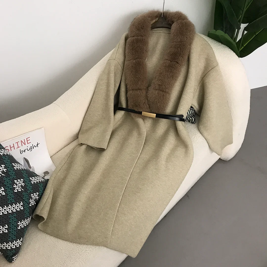 

MENINA BONITA 2024 New Winter Jacket Women Real Fur Coat Natural Fox Fur Collar Belt Long Loose Warm Outerwear Sweater Knitting
