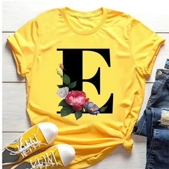 Venda quente tamanho grande flores 26 inglês letras pretas moda tendência impressão masculina casual amarelo camiseta manga curta topos