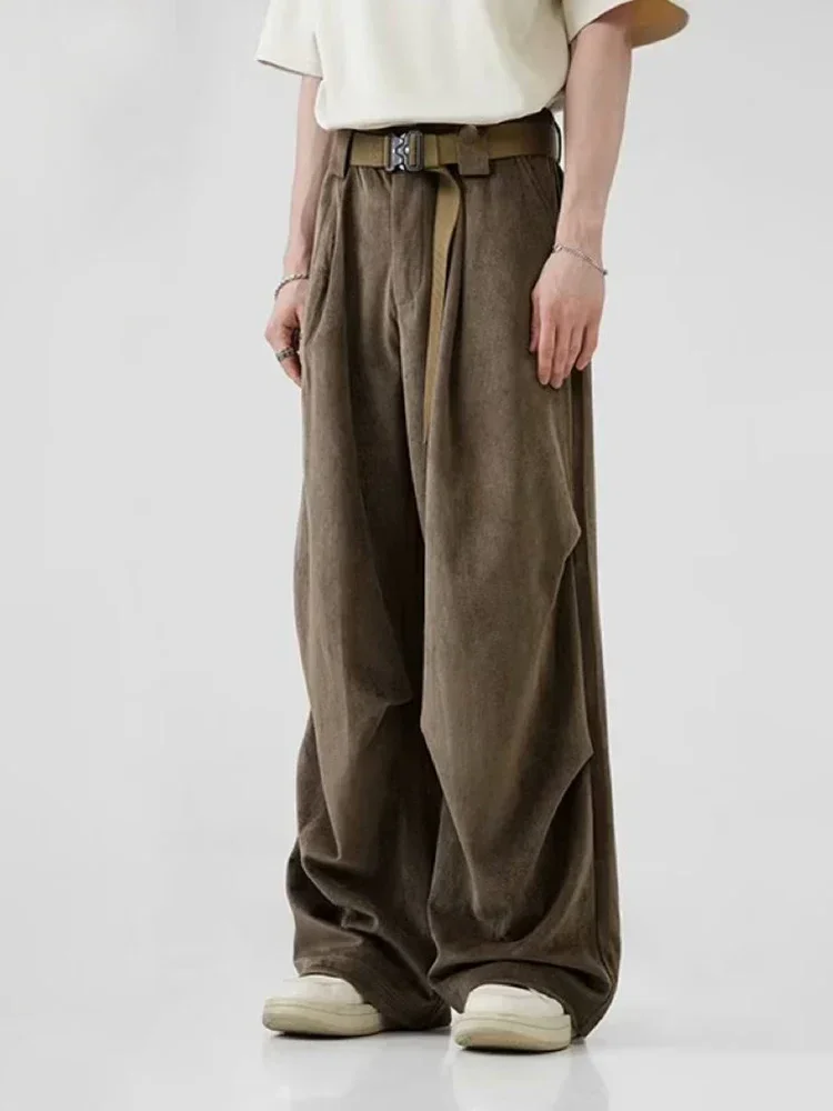 Wide Leg Pants Men Pleated Brushed Hip Hop Korean Wide Leg Trousers High Waist Oversize Casual Streetwear Vintage Autumn