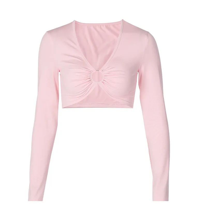 Spring and Summer New Y2k V Neck Collar Sexy Ring Hollow Women's Solid Color Top Fashion Long-sleeved Short T-shirt for Women