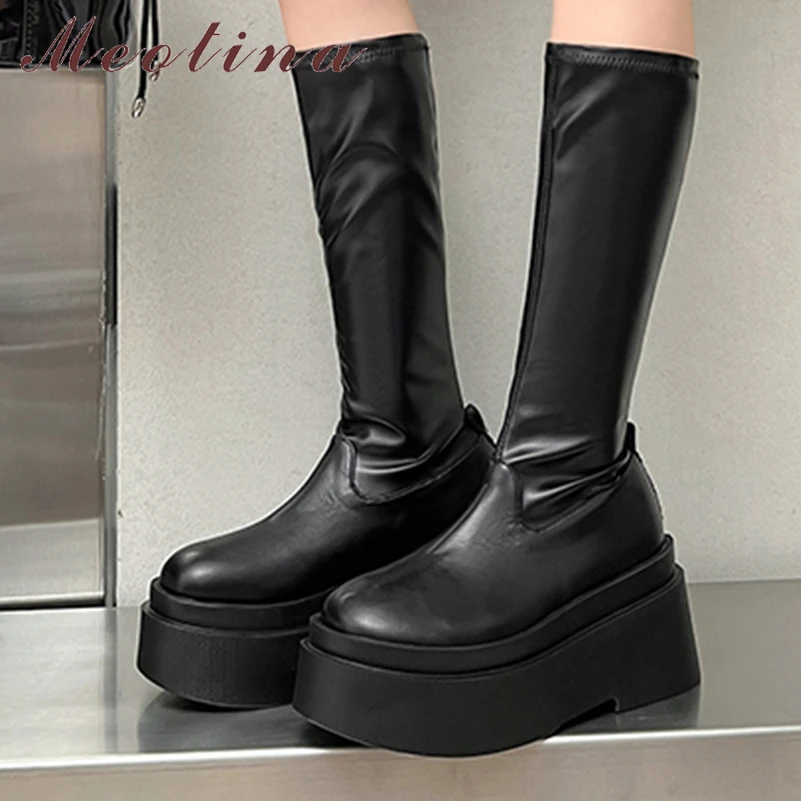 

Meotina Women Genuine Leather Mid Calf Stretch Boots Round Toe Flat Platform High Heel Platform Lady Fashion Shoes Autumn Winter