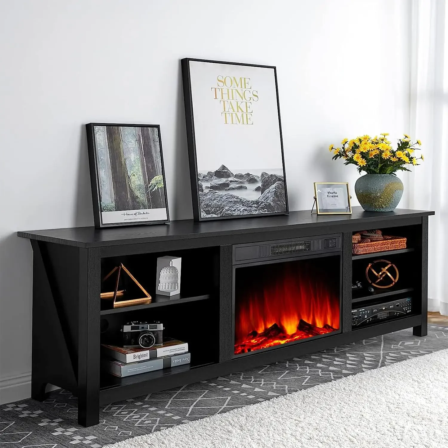 

TV Stand, Wood Texture Entertainment Center with 23'' Electric Fireplace, Farmhouse Entertainment Stand Media TV Console for TVs