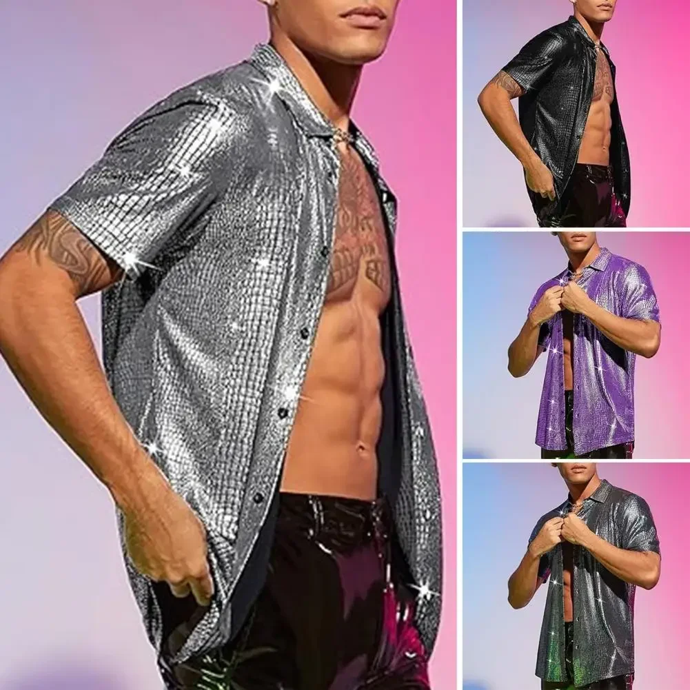 Men Party Shirt Shiny Surface Men's Performance Shirt with Turn-down Collar Long Sleeves for Club Party Disco Stage Show men party shirt