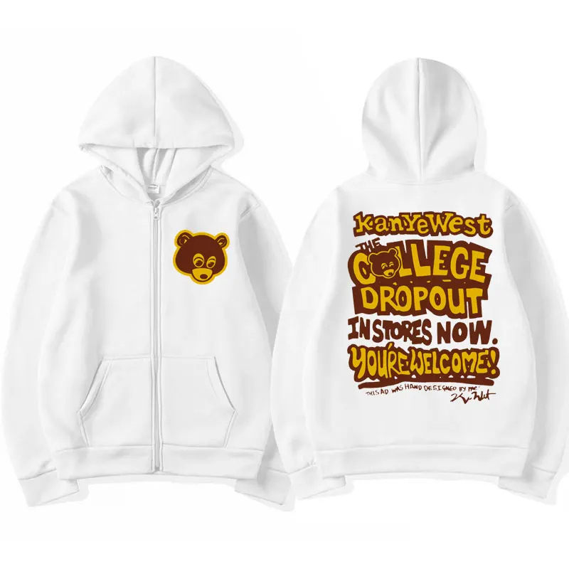 Kanye West College Dropout Hoodie Coat Music Album Print Zipper Sweatshirts Casual Men Hip Hop Zip-up Hooded Sweatshirt Jackets