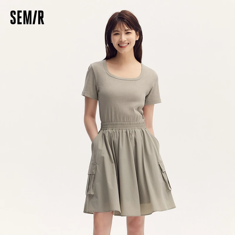 Dress Women Faux Two-Piece Design Versatile Summer New Square Collar Slim Fit Short Skirt Suitable For Petite