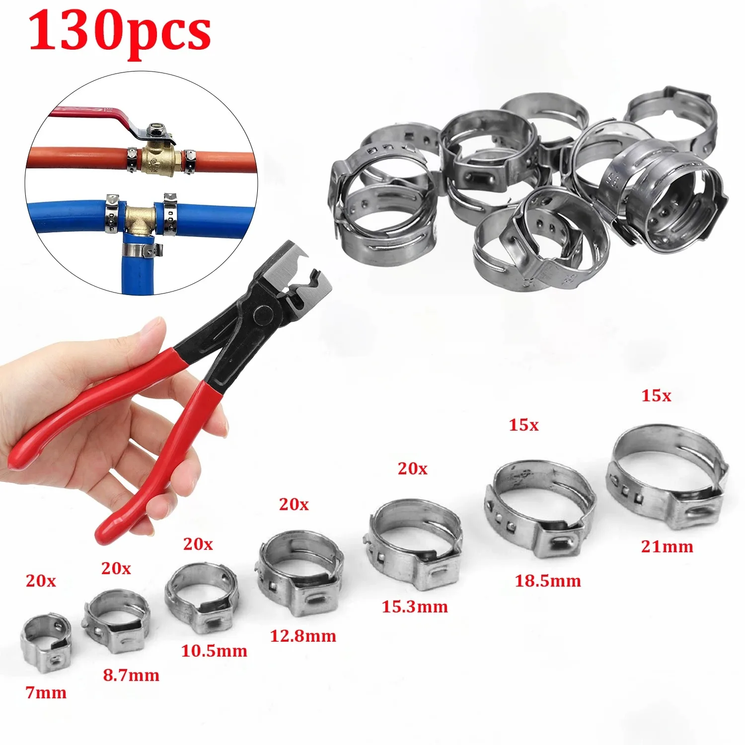 130/80pcs Single Ear Stepless Hose Clamps With a Hose Clip Clamp Pliers 7-21mm Stainless Steel Fuel Hose Clamps Cinc